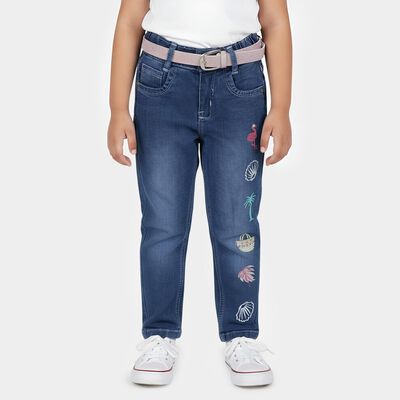 Girls' Blue Straight Fit Embroidered Jeans