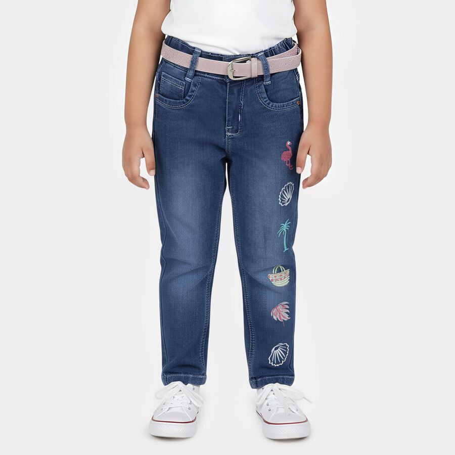 Girls' Blue Straight Fit Embroidered Jeans, Mid Blue, large