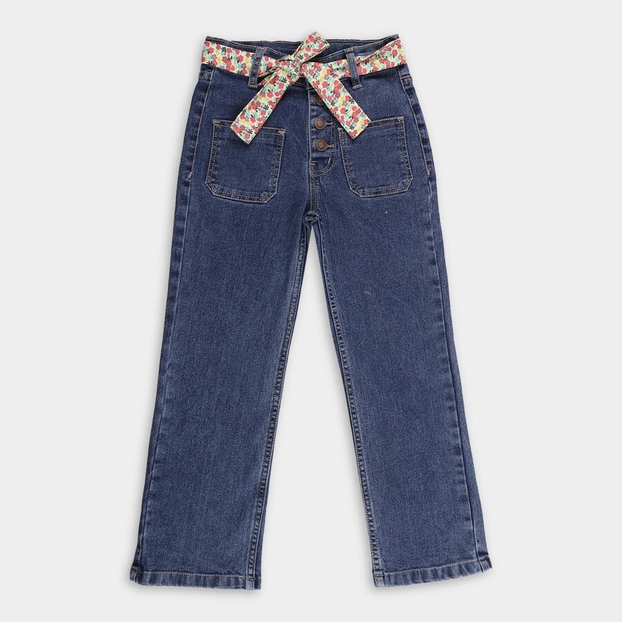 Girls' Deep Indigo Straight Fit Floral Belt Jeans, Mid Blue, large image number null