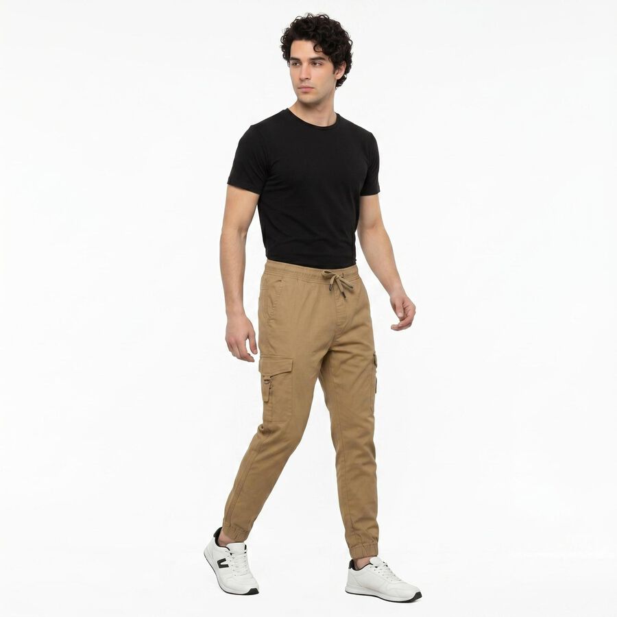 Men's Khaki Slim Fit Cargo Trousers, खाकी, large