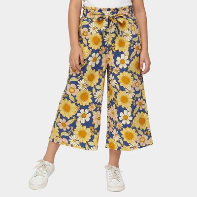 Girls' Mid Blue Relaxed Fit Floral Printed Capri