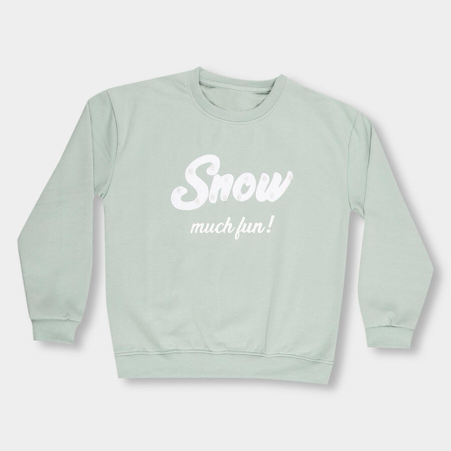 Girls Light Sage Green Crew Neck Casual Sweatshirt, हल्का हरा, large image number null