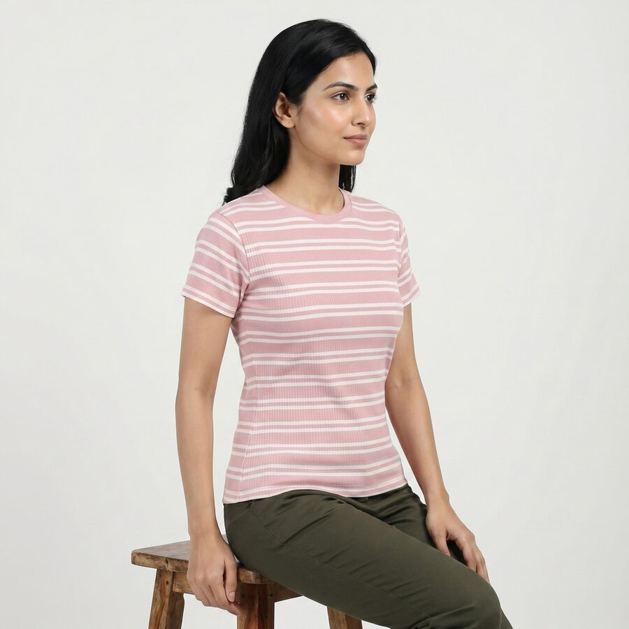 Women Lilac Cotton Blend Round Neck Casual T-Shirt, Lilac, large