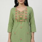 Women's Green Cotton Embroidered Ethnic Set, Light Green, small