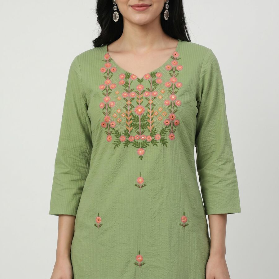 Women's Green Cotton Embroidered Ethnic Set, Light Green, large