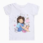 Girls White Cotton Round Neck Cartoon Printed T-Shirt, White, small