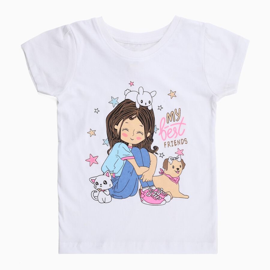 Girls White Cotton Round Neck Cartoon Printed T-Shirt, White, large