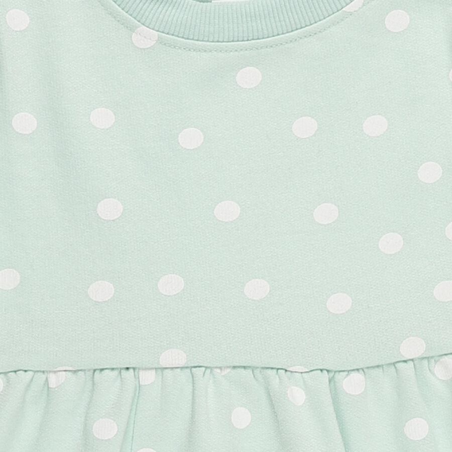 Girls' Mint Green Polka Dot Long Sleeve Frock, हल्का हरा, large image number null