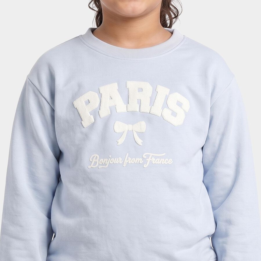 Girls' Light Blue Crew Neck Graphic Print Sweatshirt, Light Blue, large