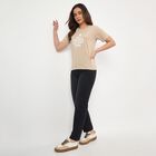 Women's Beige Round Neck Minimalist T-Shirt, Beige, small
