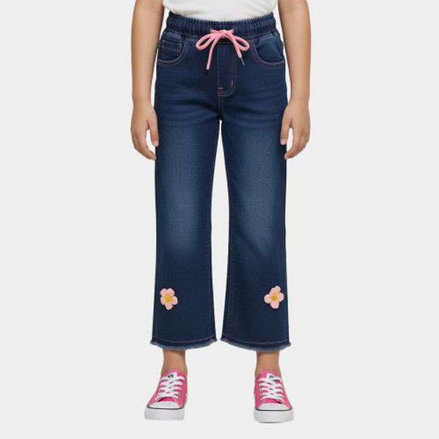 Girls' Stonewashed Blue Wide Leg Floral Embroidered Jeans, मध्यम नीला, large image number null
