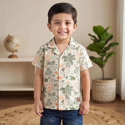 Boys' Mint Green Cotton Camp Collar Casual Shirt