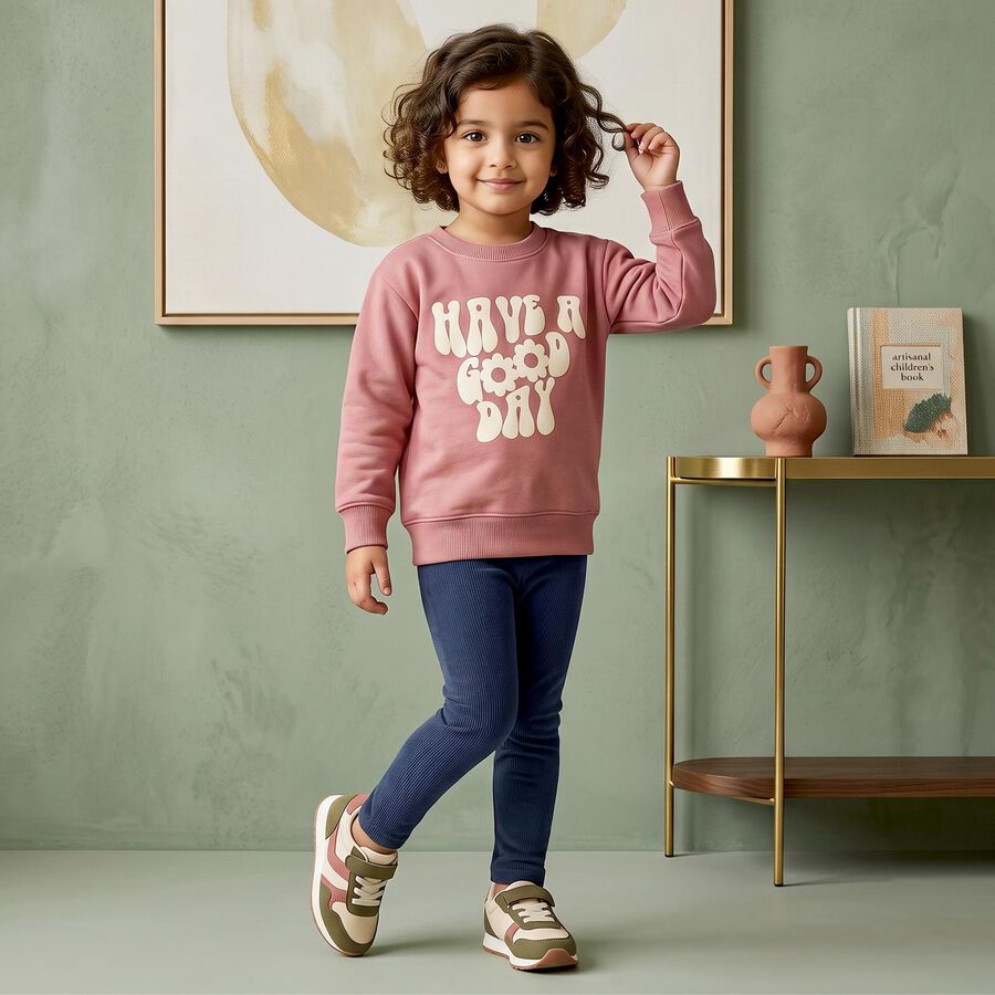 Girls' Pink Crew Neck Printed Sweatshirt, हल्का गुलाबी, large