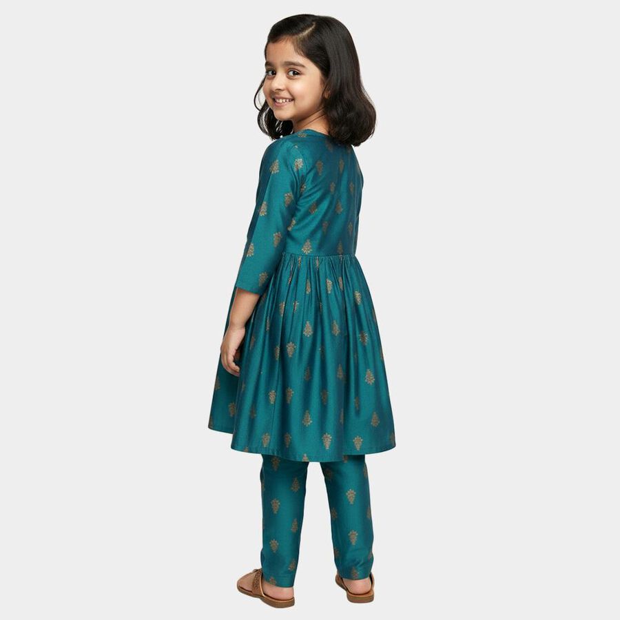 Girls Teal Blue Golden Motif Kurta and Pant Fusion Set, टील ब्लू, large image number null