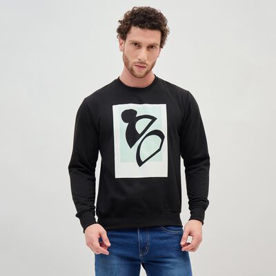 Men's Jet Black Crew Neck Graphic Sweatshirt