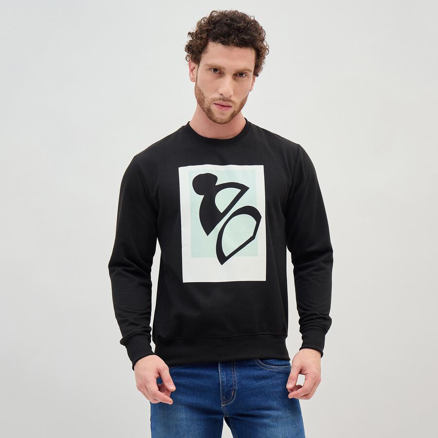 Men's Jet Black Crew Neck Graphic Sweatshirt, Black, large image number null