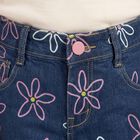 Girls' Navy Blue Straight Fit Floral Printed Jeans, मध्यम नीला, small