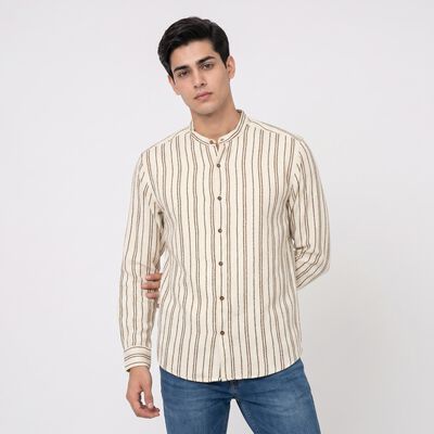 Men's Beige Cotton Long Sleeve Mandarin Collar Regular Fit Shirt