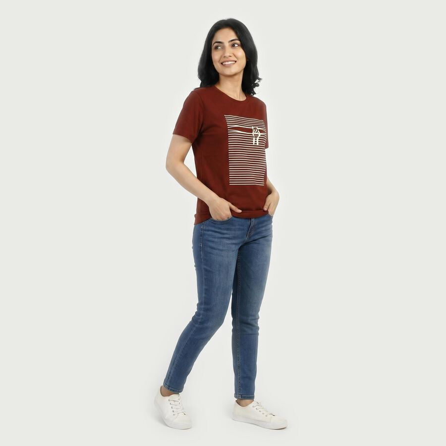Women's Red Round Neck Casual T-Shirt, Rust, large