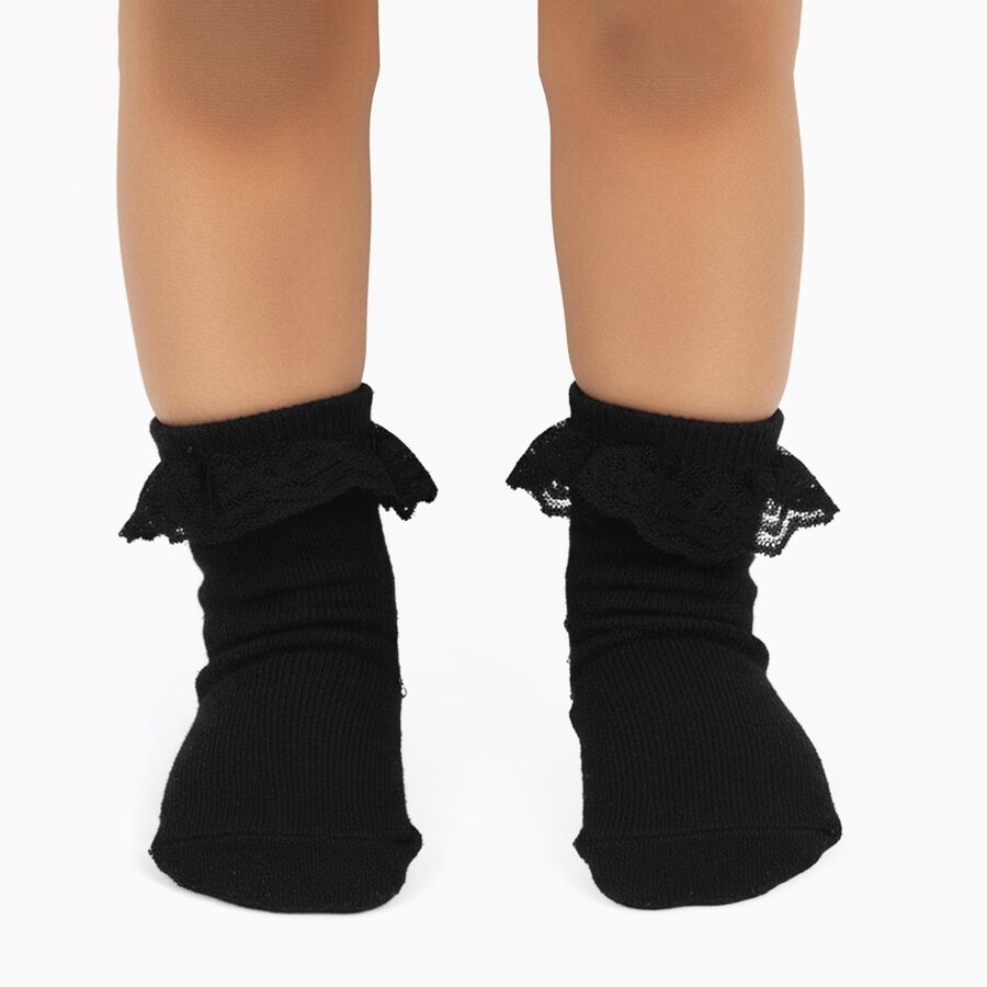 Infants Black and White Regular Fit Lace and Bow Style Pack of 2 Socks, काला, large