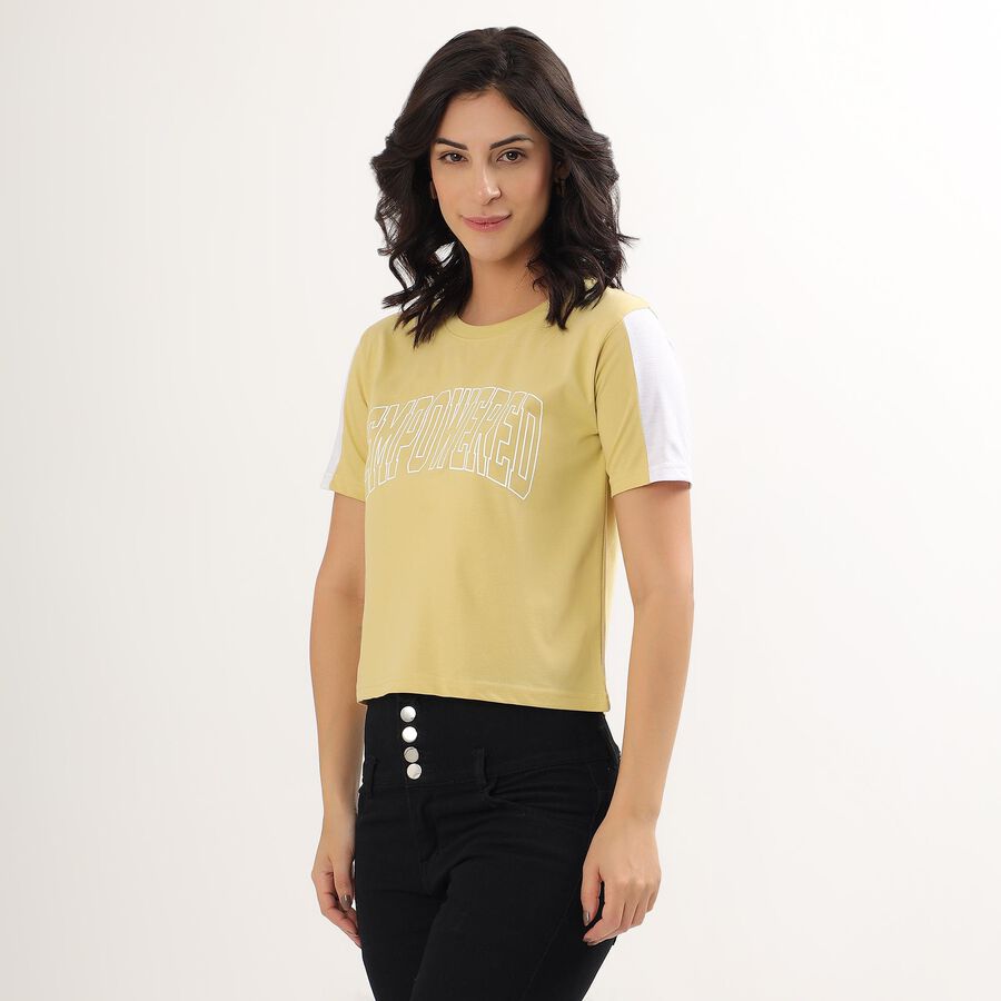 Women's Muted Yellow Round Neck Printed T-Shirt, खाकी, large image number null