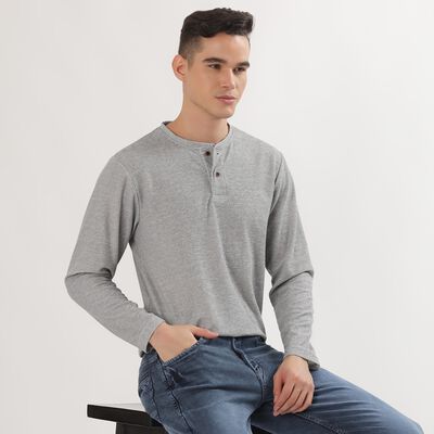 Men's Dark Grey Henley Neck Casual T-Shirt 