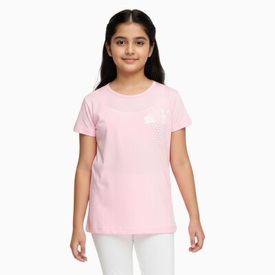 Girls Light Pink Round Neck Casual T-Shirt