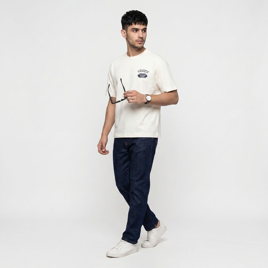 Men's Off White Cotton Round Neck Regular T-Shirt, ऑफ व्हाइट, large