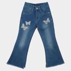 Girls Blue Flared Fit Butterfly Embroidered Jeans, Mid Blue, small