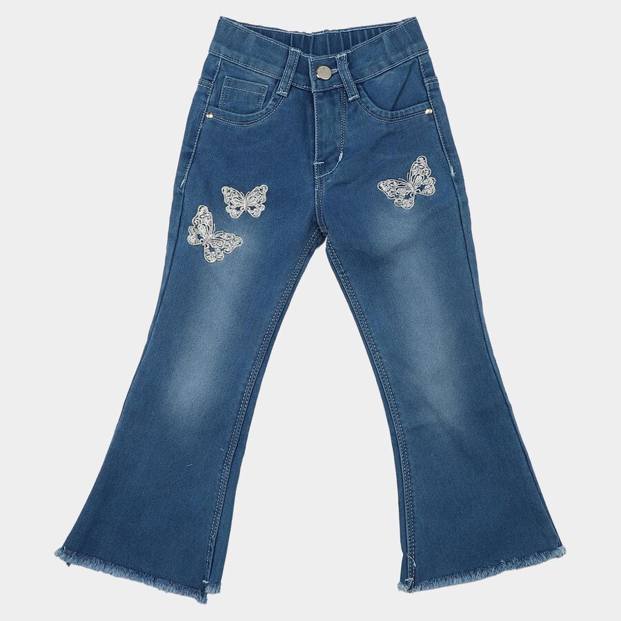 Girls Blue Flared Fit Butterfly Embroidered Jeans, Mid Blue, large