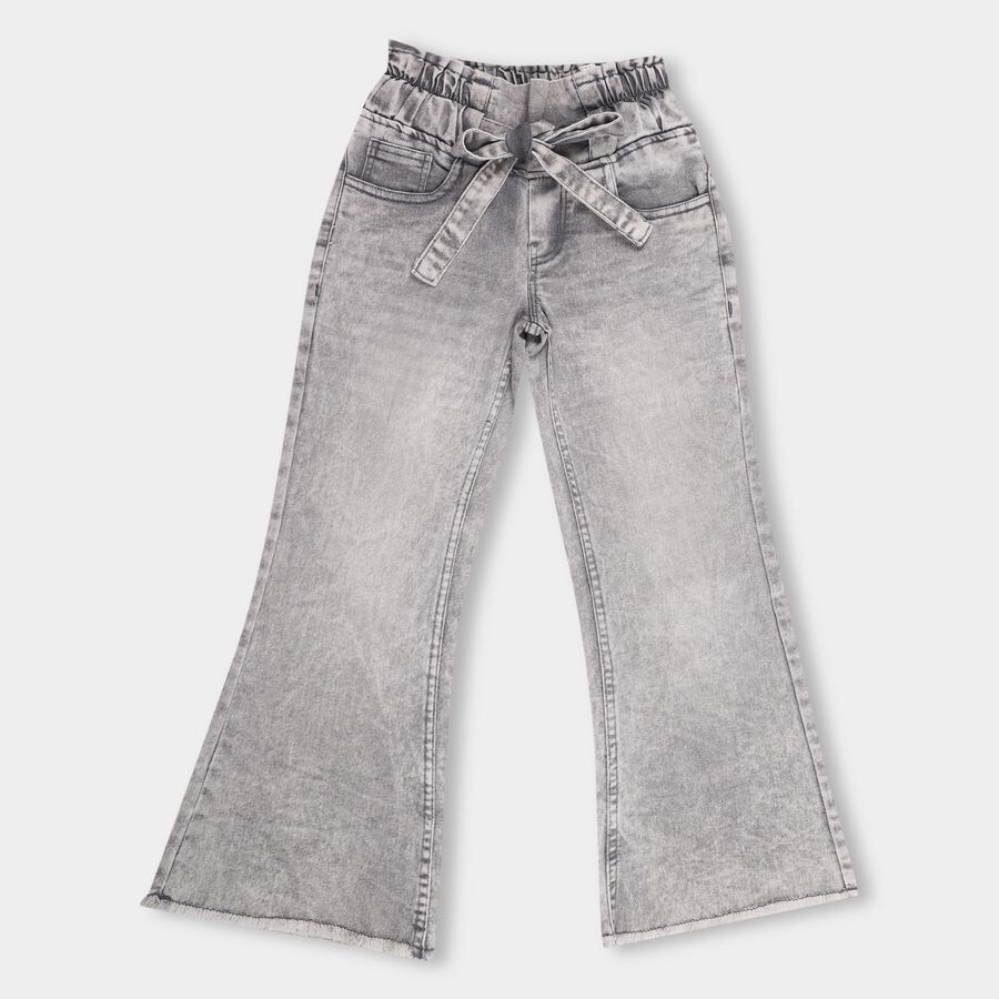 Girls' Stonewashed Grey Flared Fit Buttoned Jeans, Light Grey, large image number null
