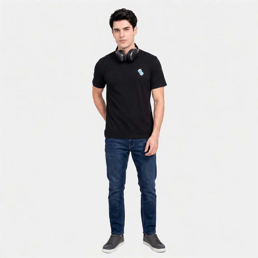 Men's Black Round Neck Regular T-Shirt, काला, large