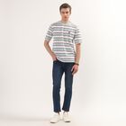 Men's White Round Neck Striped T-Shirt, White, small