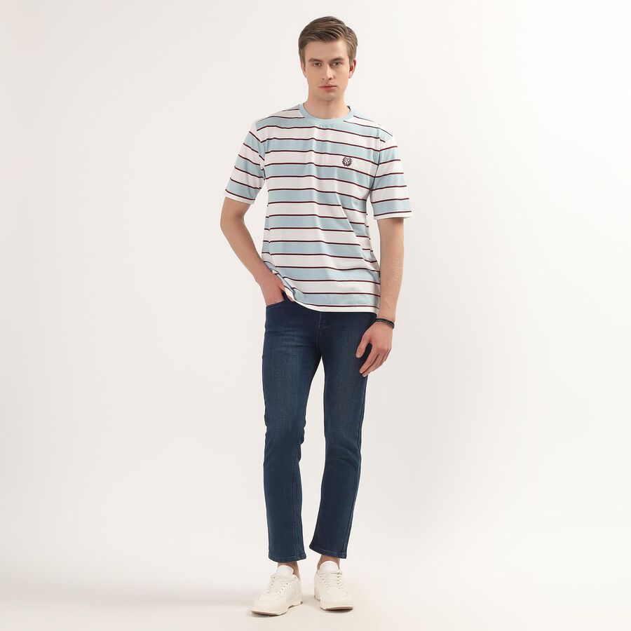 Men's White Round Neck Striped T-Shirt, White, large