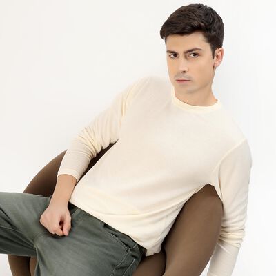 Men's Light Cream Round Neck Casual T-Shirt
