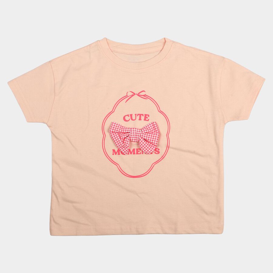Girls Light Pink Cotton Round Neck Casual T-Shirt, Light Pink, large