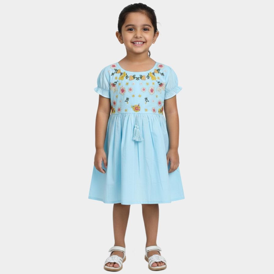 Girls' Blue Regular Fit Embroidered Frock, Aqua, large