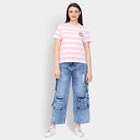 Ladies'  Stripes Round Neck T-Shirt, पीच, small