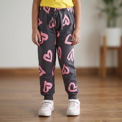 Girls' Dark Grey Heart Printed Drawstring Jogger Pyjama