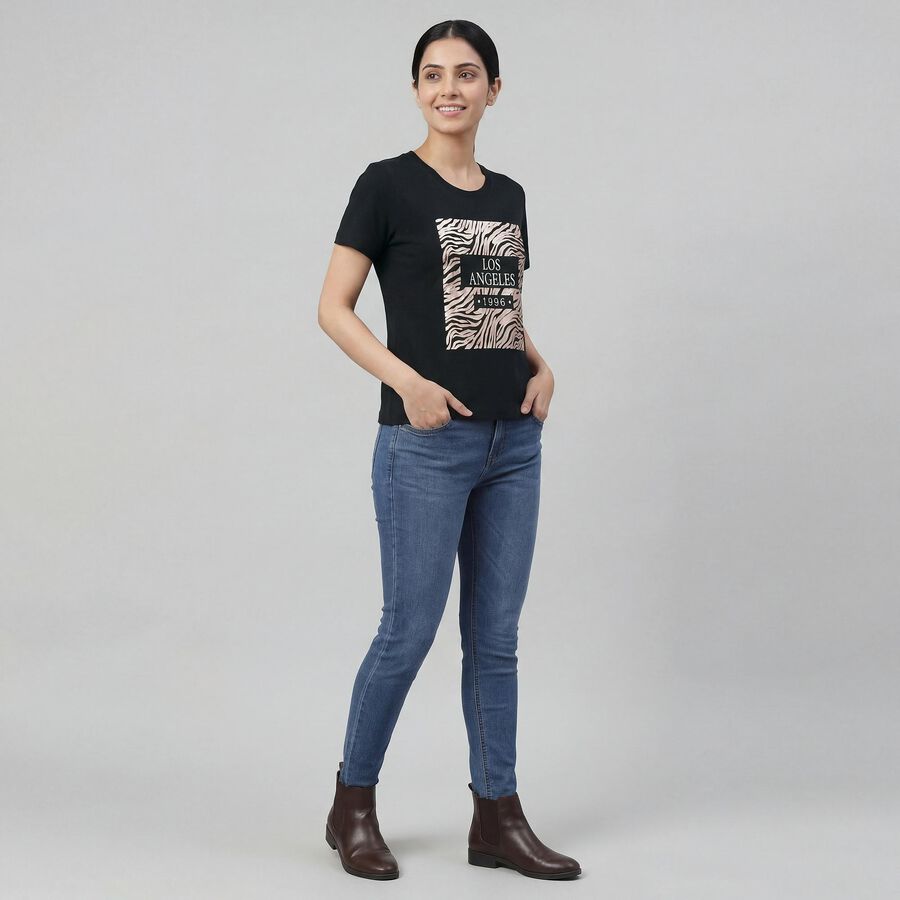 Women's Black Round Neck Minimalist T-Shirt, काला, large