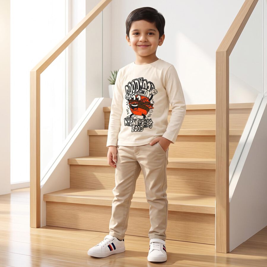 Boys Beige Cotton Blend Round Neck Regular Boys T-Shirt, गहरा पीला, large