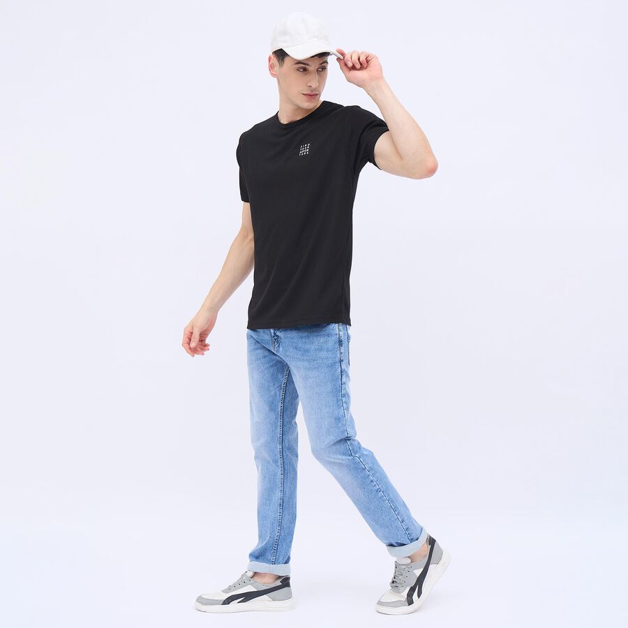 Men's Jet Black Crew Neck Athleisure T-Shirt, काला, large