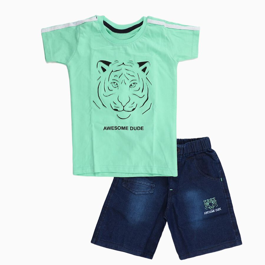Boys' Light Green Cotton Round Neck Tiger Print Baba Suit, Light Green, large image number null