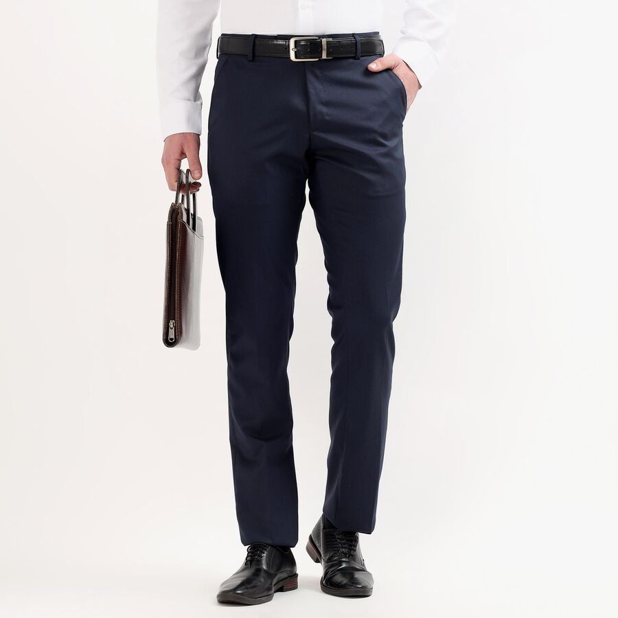 Men's Dark Blue Slim Fit Flat-Front Formal Trousers, Dark Blue, large