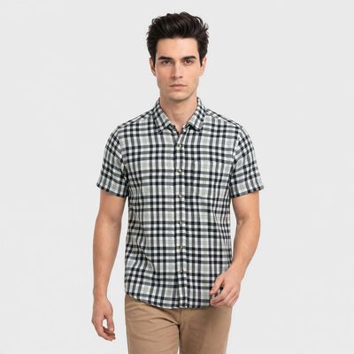 Men's Navy Blue Checked Regular Fit Casual Shirt
