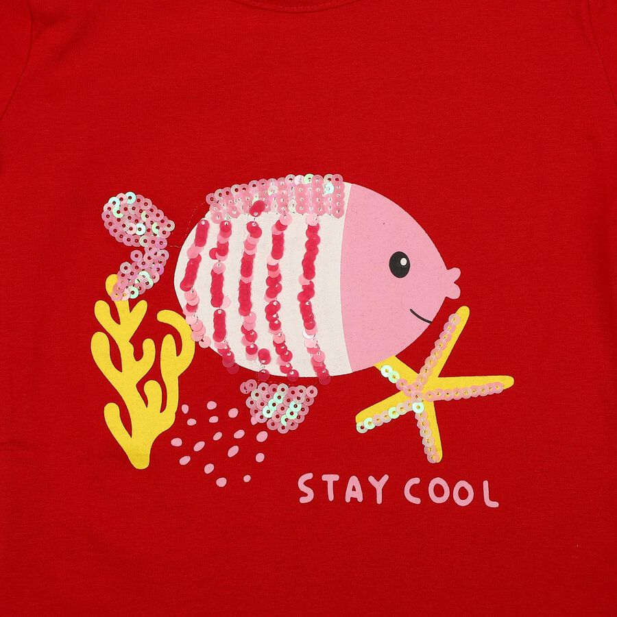 Girls Red Cotton Round Neck Regular T-Shirt, Red, large