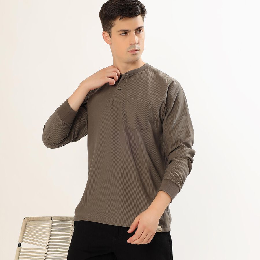 Men's Muted Olive Brown Henley Neck Casual T-Shirt, Khaki, large image number null