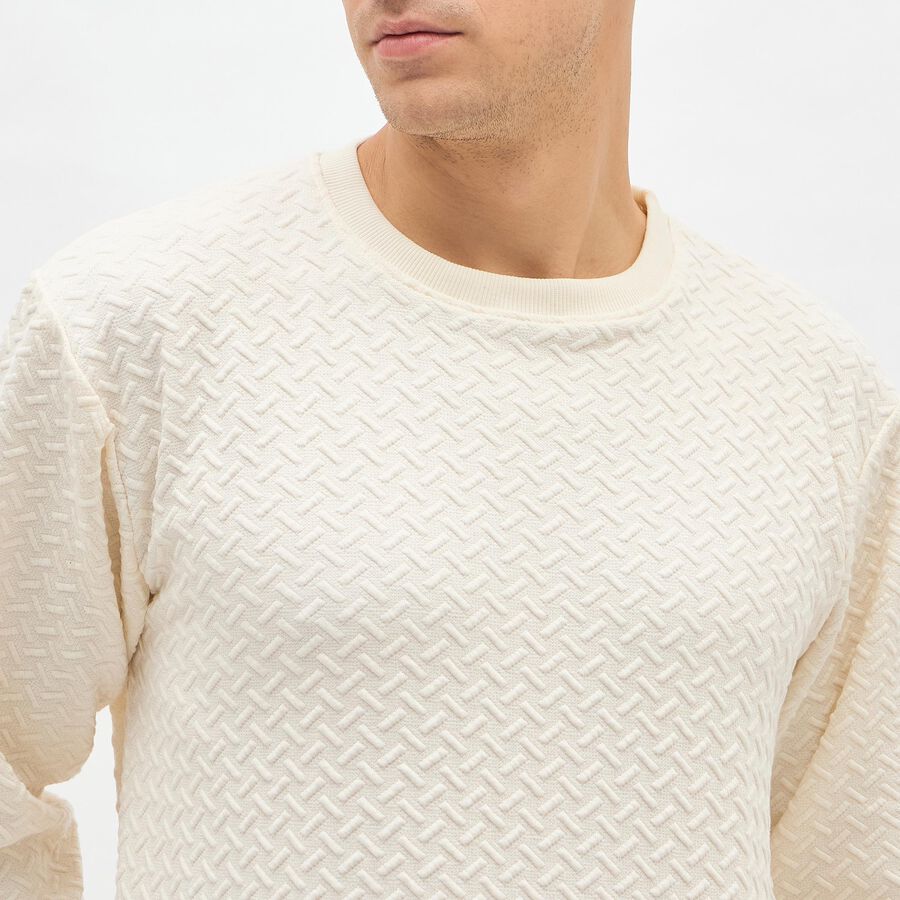 Men's Soft Eggshell White Crew Neck Textured Sweatshirt, Ecru Melange, large image number null