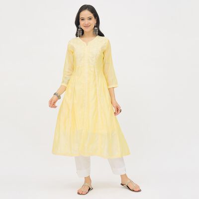Women's Bright Lemon Yellow V-Neck Embroidered Flared Kurta