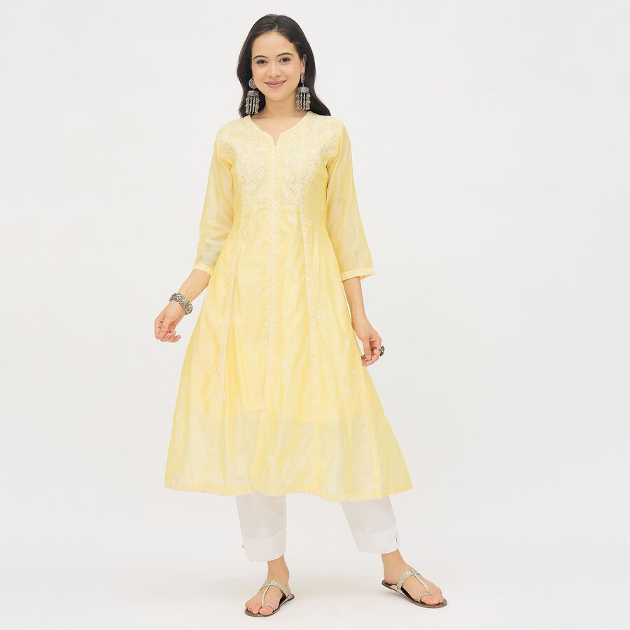 Women's Bright Lemon Yellow V-Neck Embroidered Flared Kurta, Yellow, large image number null